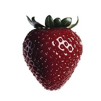 Fresh ripe strawberry with green leaves isolated on white background, showing detailed texture and seeds. Suitable for food packaging, menu design and marketing.