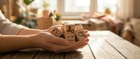 Hands holding wooden cubes with contact icons on rustic table in cozy home interior. Customer service and communication concept for business marketing.