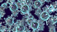 Microscopic view of glowing turquoise virus cells floating in dark space, detailed molecular structure with spiky protein surface, scientific medical visualization.