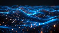 Abstract digital wave landscape with glowing blue particles and orange light dots creating futuristic technology visualization perfect for AI, data flow, or network concepts.