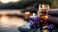Aromatic essential oil bottle with fresh lavender flowers and spa towels by candlelight at sunset, creating peaceful wellness atmosphere near water.