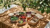 Mediterranean outdoor dining setup with fresh olives, cherry tomatoes, herbs and bread on wooden table under dappled sunlight for summer entertaining.