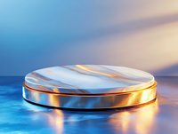 Sleek metallic podium with glowing golden base and frosted top surface on blue gradient background, suitable for product display and presentation mockups.