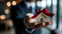 Businessman holding small wooden house model with red bow in palm against blurred bokeh background, real estate gift or property investment concept.