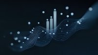 Glowing blue data visualization with flowing wave lines and vertical bar graphs on dark background, abstract digital analytics representation.