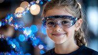 Young girl wearing protective safety glasses smiles confidently against blurred blue bokeh lights background, representing science education and child development.