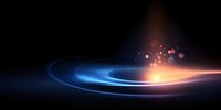 Glowing energy waves with light particles and bokeh effects on dark background create dynamic motion trail for technology and science designs.