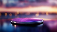 Glowing wireless charging pad with purple neon light effect against blurred bokeh background creates modern technological atmosphere at night.