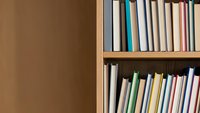 Wooden bookshelf with colorful books arranged on shelves for home library, office, study room, education and reading concepts.