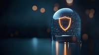 Digital shield protection symbol under glass dome with glowing particles and bokeh lights on dark background, cybersecurity concept.