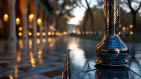 Atmospheric evening scene with decorative blue lantern on wooden table, glowing lights creating bokeh effect in background, moody outdoor setting.
