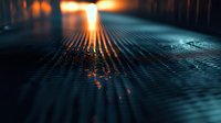Dramatic orange light beam shining through metallic mesh grid surface creating futuristic perspective with bokeh effect and dark moody atmosphere.