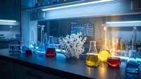 Modern laboratory with colorful chemical solutions in glassware and molecular structure model for scientific research and education.