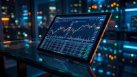 Laptop displaying financial trading charts and market data analysis on screen with colorful city lights bokeh background for business and investment concepts.