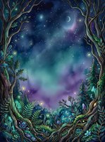 Enchanted forest frame with starry night sky, glowing celestial bodies, crescent moon, and mystical vegetation creating a magical woodland portal gateway.
