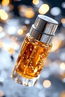 Luxury perfume bottle with golden fragrance against blurred bokeh lights background, elegant silver cap and sparkling amber liquid for cosmetic advertising.