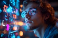 Young caucasian man in glasses looking at futuristic holographic interface display with glowing data visualization and neon lights in dark environment.