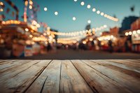 Wooden table with blurred carnival fairground in background, festive string lights creating bokeh effect at dusk for product display mockup.