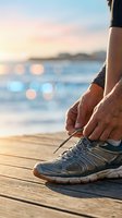 Male athlete tying running shoe laces on wooden pier at sunrise with blurred ocean backdrop. Fitness, training, and active lifestyle concept for sports and wellness use.
