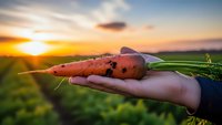 Fresh organic carrot with green tops held in farmer's hand at sunset in agricultural field. Sustainable farming and healthy harvest concept.