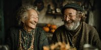 Elderly couple laughing together in rustic kitchen setting, senior man and woman sharing joyful moment, warm domestic atmosphere for lifestyle content.