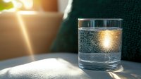 Sparkling water glass with golden sunlight streaming through window creating lens flare and shadow patterns on soft textile surface in morning atmosphere.