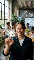 Smiling businesswoman touching digital KPI target icon with analytics charts in modern office workspace for performance tracking and goal achievement.