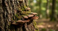 Bracket fungi growing on tree bark in forest with moss, natural woodland ecosystem, organic decomposition process in nature environment.
