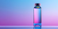 Glass bottle with liquid on gradient pink and blue background, modern minimalist composition with reflective surface and dramatic studio lighting.