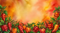 Vibrant watercolor border featuring ripe peppers and tomatoes with warm autumn tones, ideal for culinary designs, recipe cards, and food packaging backgrounds.