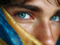 Intense blue eyes of young caucasian man partially covered with blue and gold fabric, close-up portrait showing expressive gaze and natural freckles.