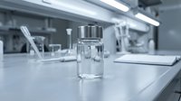 Glass vial with clear liquid on laboratory bench in modern research facility with scientific equipment and fluorescent lighting for pharmaceutical testing.