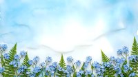 Delicate blue forget-me-not flowers and green fern leaves arranged on a soft watercolor sky background, creating a fresh spring botanical border.