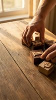 Skilled carpenter hands using traditional wood planing tool on rustic wooden surface in warm sunlit workshop for furniture making and woodworking crafts.