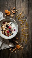 Granola bowl with yogurt, fresh berries, nuts and dried apricots on rustic wood. Honey spells Nature. Healthy breakfast concept.