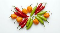 Colorful hot chili peppers and physalis arranged in circular pattern on white background. Fresh spicy vegetables for cooking and culinary design projects.