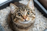 Close up portrait of tabby cat with bright yellow eyes and attentive expression looking up at camera while resting on soft gray blanket. Domestic pet photography.
