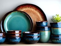 Handcrafted ceramic dinnerware set with turquoise and brown glazed finish, artisan pottery bowls and plates for modern kitchen dining and home decor.