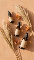 Natural skincare serum bottles with dropper caps arranged on textured beige surface with dried pampas grass and orange flowers for organic beauty branding.