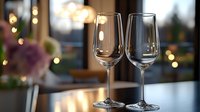 Two empty champagne flutes stand together on a table with festive holiday decorations and warm bokeh lights in the background, perfect for celebrations, toasts, and special occasions.