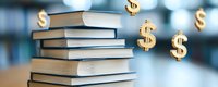 Stack of books with floating golden dollar signs representing education costs, financial literacy, student loans, and investment in knowledge for future success.