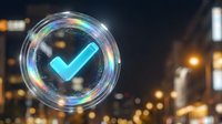 Glowing holographic checkmark symbol floating in transparent bubble against blurred city lights background at night for digital verification concepts.
