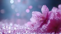 Pink delicate flower with water drops and sparkling bokeh effect on dark blue background, creating dreamy and romantic macro photography atmosphere.