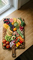 Colorful healthy charcuterie board with fresh fruits vegetables nuts and berries arranged on wooden cutting board for nutritious snacking and entertaining.