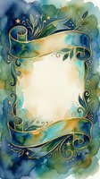Watercolor frame with gold ornamental swirls, navy ribbon, leaves, and stars on teal blue green background with blank center copy space.