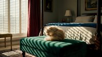Cozy bedroom interior with sleeping cat on striped ottoman, sunlight streaming through wooden blinds creating warm shadows on bed and furniture.