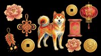 Shiba inu dog with peony flowers, gold coins, red lanterns, and traditional Asian ornaments isolated on transparent background. Ready for t-shirt design, clipart, stickers, and print-on-demand products.