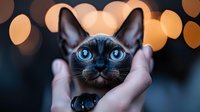 Close up portrait of Siamese cat with striking blue eyes against blurred warm bokeh background, held gently in human hands. Artistic pet photography.