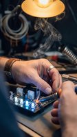 Electronics technician repairing circuit board with soldering iron in workshop. Hands working on microchip components under warm lamp light with smoke rising.