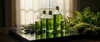 Natural green herbal essential oils in glass bottles with fresh herbs on wooden surface near window for aromatherapy and wellness treatments.